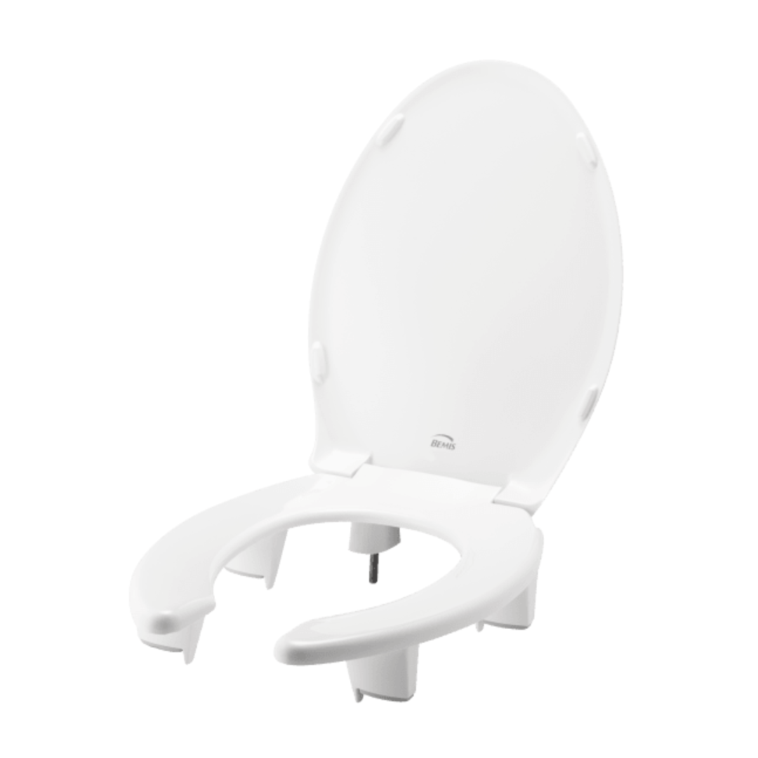 The Bemis Elongated 3 Elevated Toilet Seat with Open-Front Ring is shown with a glossy, smooth finish. It features Snap 2 Secure installation for added stability against a plain white background, with its lid upright and subtle curves highlighting the split-front design.